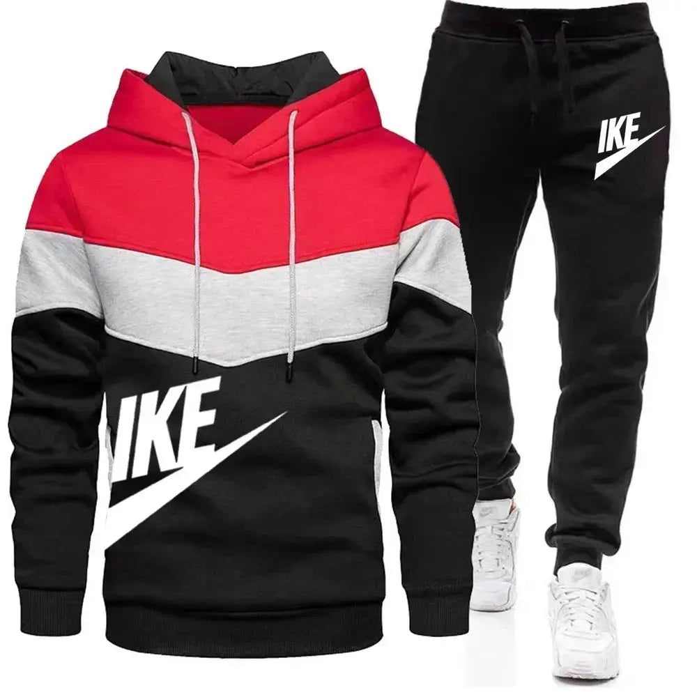 Foreign Trade 2024 Winter New Men's Splicing Sweatshirt Set Hooded Sports Loose Long Sleeve Casual Pants Two Piece Set - SPINGHAR