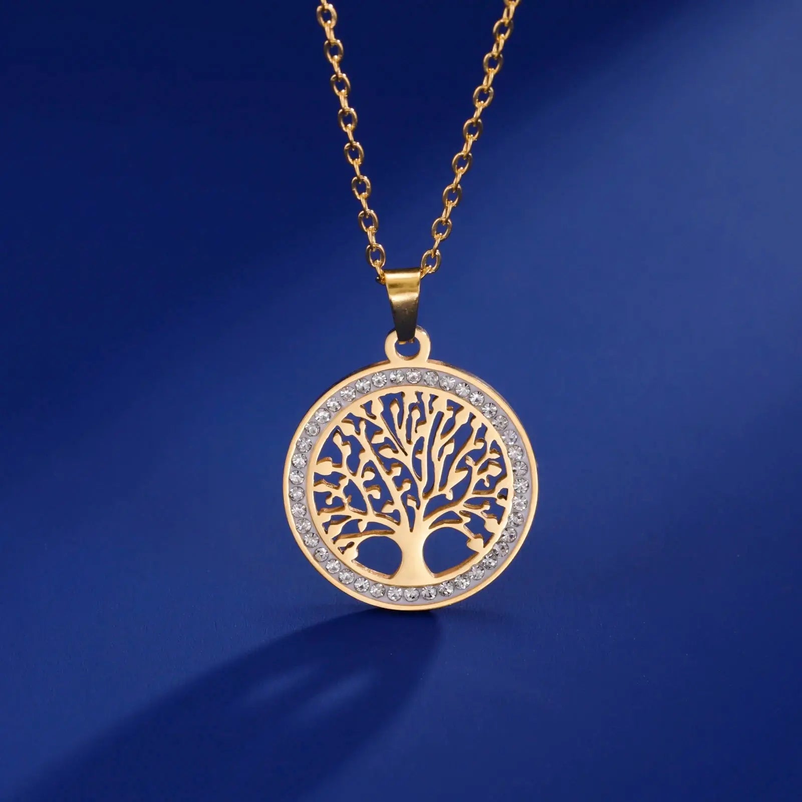 LIKGREAT Tree of Life Stainless Steel Necklace for Women New Fashion Clear Zircon Round Pendant Necklaces Jewelry Wedding Gift - SPINGHAR