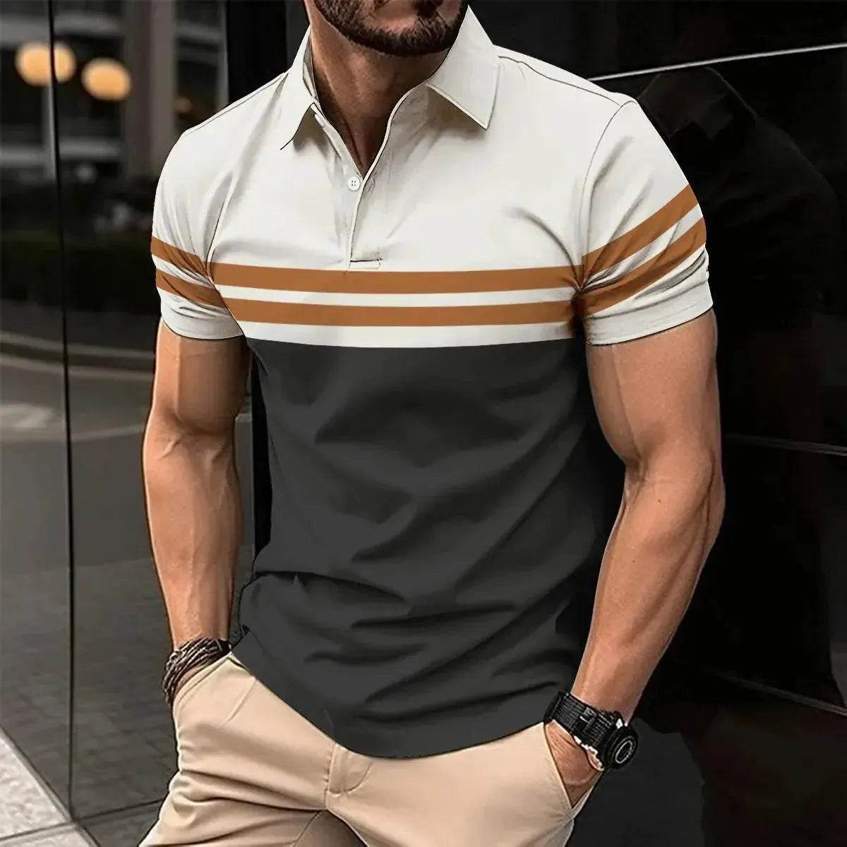 New Summer Men's Short Sleeve Polo Shirt - Splice Stripe Fashion Top - SPINGHAR