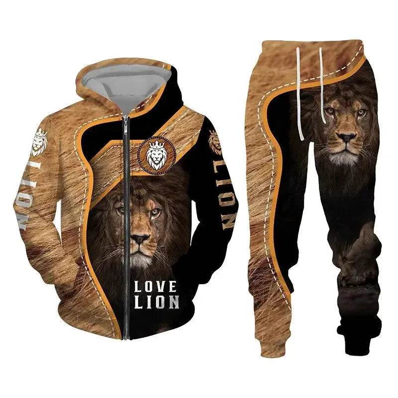 Men's 3D Lion Print Tracksuit Set | Autumn & Winter Zipper Hoodie & Pants - SPINGHAR