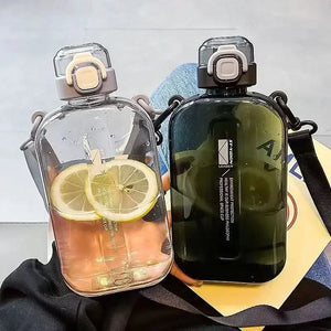 Flat Square Transparent Water Bottle Portable Travel Canteen with Adjustable Strap Elegant Slim Bottle for Sport Camping SPINGHAR