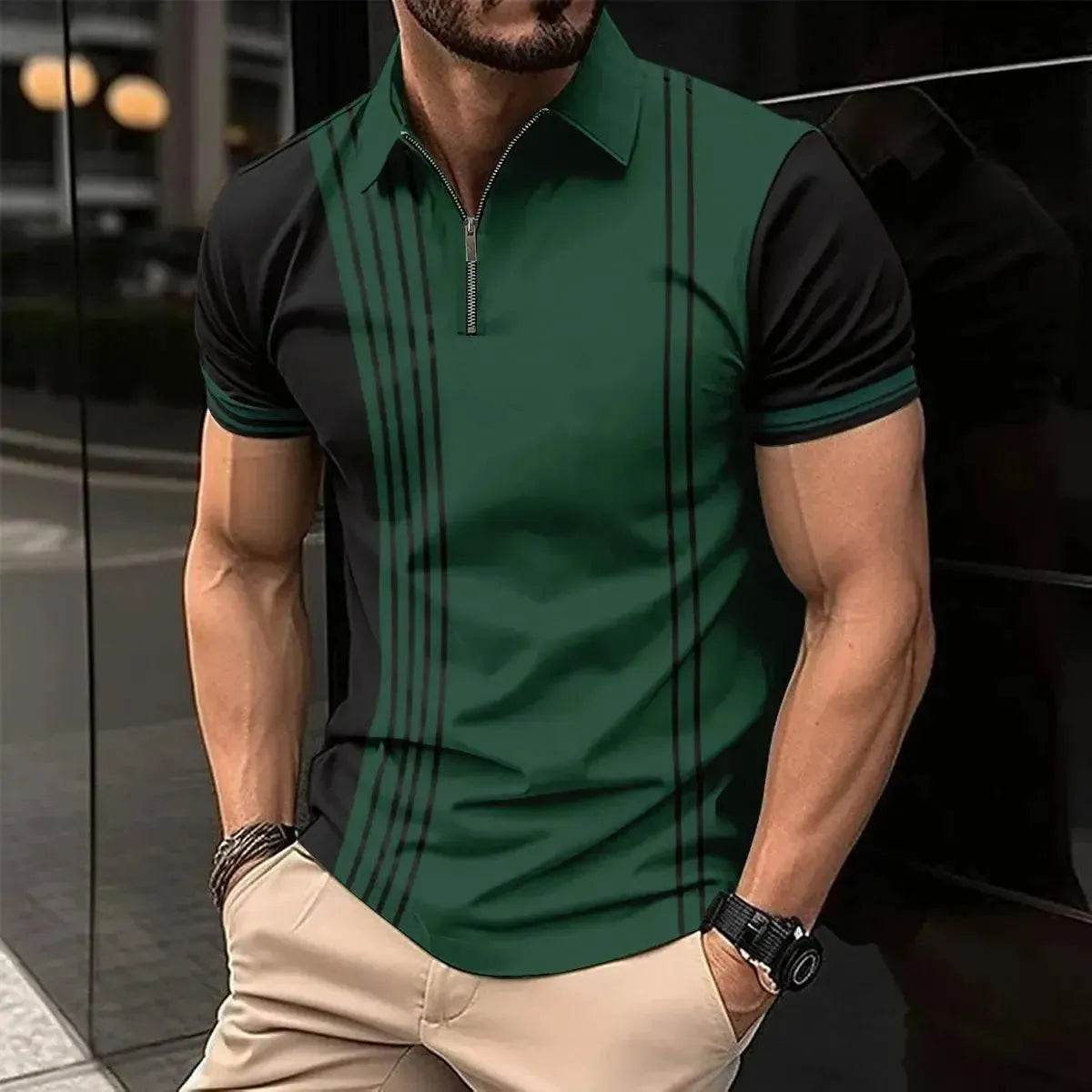 New Summer Men's Short Sleeve Polo Shirt - Splice Stripe Fashion Top - SPINGHAR