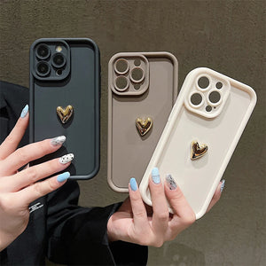 3D Gold Heart Silicone Soft Phone Case For iPhone 15 14 13 12 11 16 Pro Max XS XR 7 8 Plus SE 2020 Shockproof Candy Matte Cover SPINGHAR