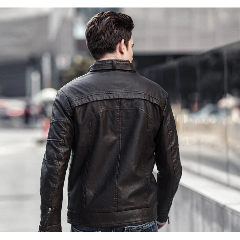 Classic Men's Leather Jacket Oversize Winter Fleece Motorcycle Jacket Caots PU Leather Biker Jacket Men Clothing Coat 5XL AF8822 SPINGHAR