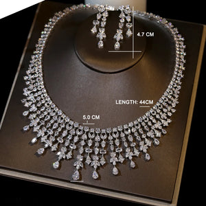 Magnificent White Color CZ Zircon Tassel Flowers Drop Necklace Earrings Sets for Women Bridal Evening Wedding Dinner Jewelry SPINGHAR