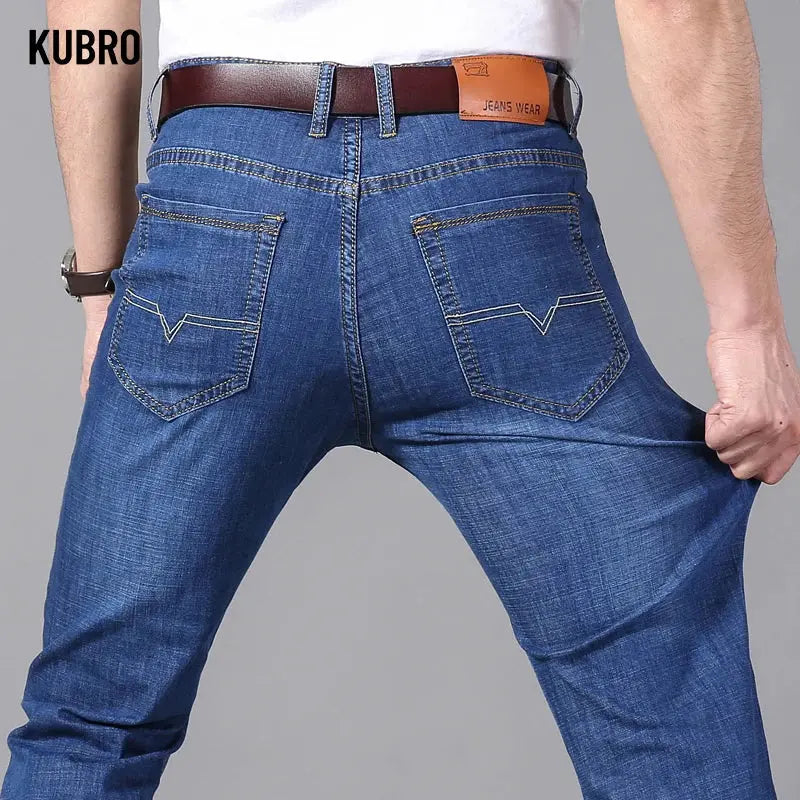 KUBRO Men's Jeans Summer Thin Pants Straight Blue Jean Baggy Casual Work Denim Pant High Elasticity Wide Leg Business Male - SPINGHAR