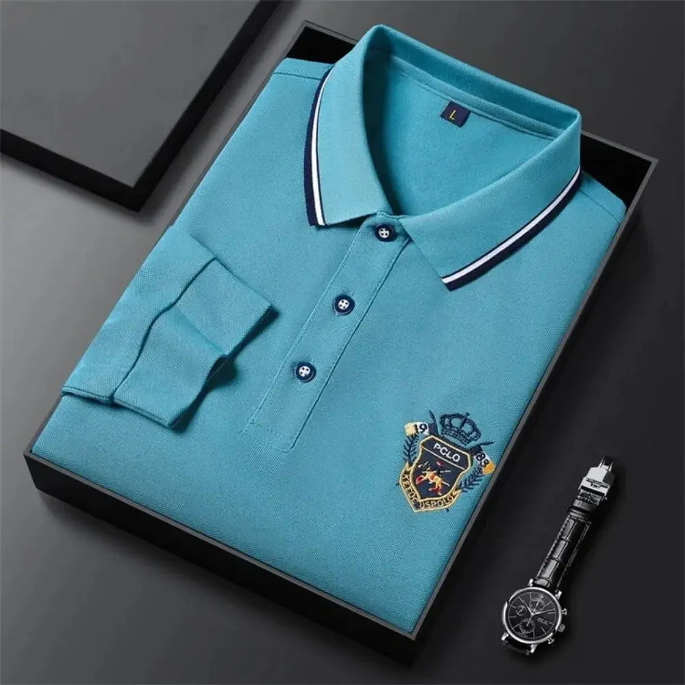 New Men's Long Sleeve Cotton Polo Shirt - Fashion Embroidered Casual Top - SPINGHAR