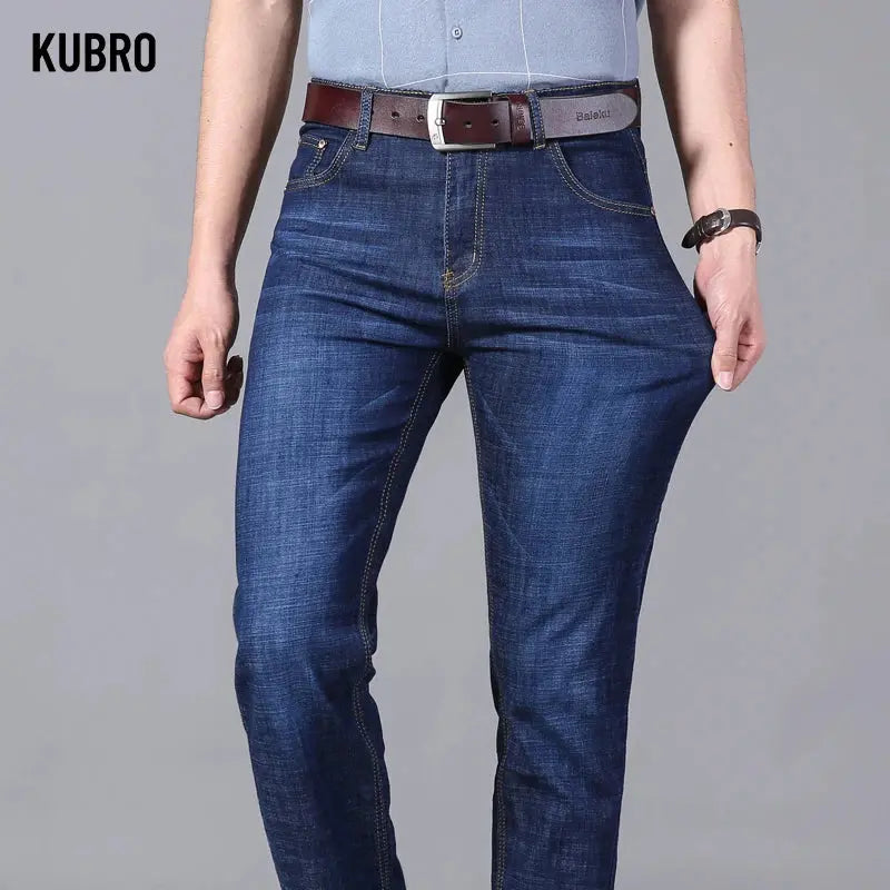 KUBRO Men's Jeans Summer Thin Pants Straight Blue Jean Baggy Casual Work Denim Pant High Elasticity Wide Leg Business Male - SPINGHAR