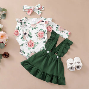 0-12Months Newborn Baby Girl 3PCS Clothes Set Floral Long Sleeve Top+Suspender Skirt+Headwear Fashion Spring&Autumn Daily Outfit SPINGHAR