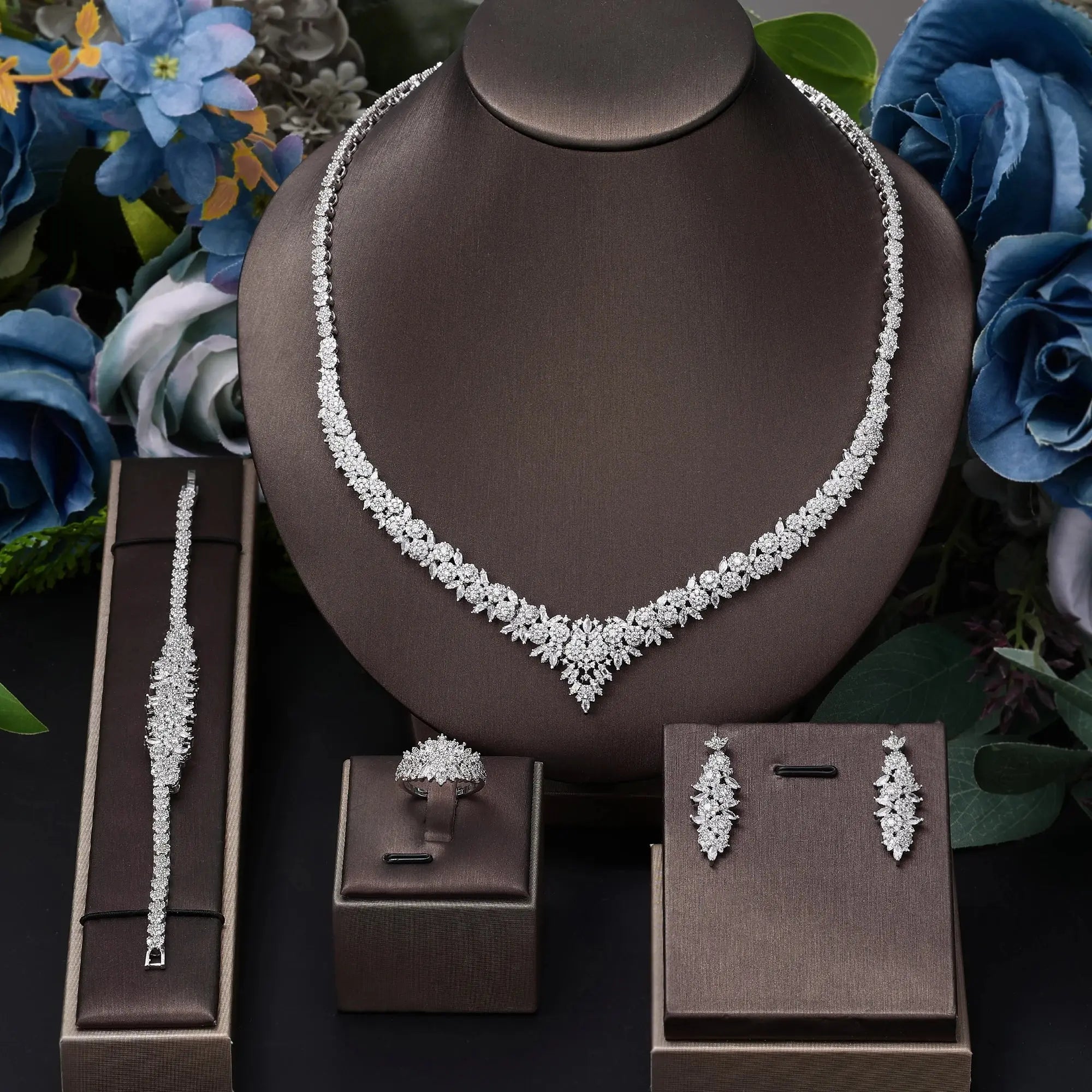 4 pieces of bride zirconia full set of women's party jewelry, luxury Dubai Nigeria CZ luxury crystal wedding necklace set - SPINGHAR