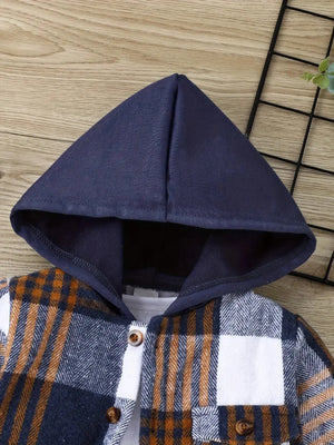 Autumn and Winter English Style Baby Boy Plaid Jacket Outdoor Casual Fashion Foreign Warm New Street Hooded Pocket Coat - SPINGHAR