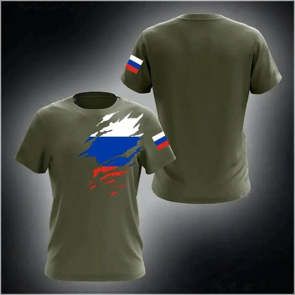 Men's Casual Loose Round Neck T-Shirts with Russian Flag - Oversized Streetwear - SPINGHAR