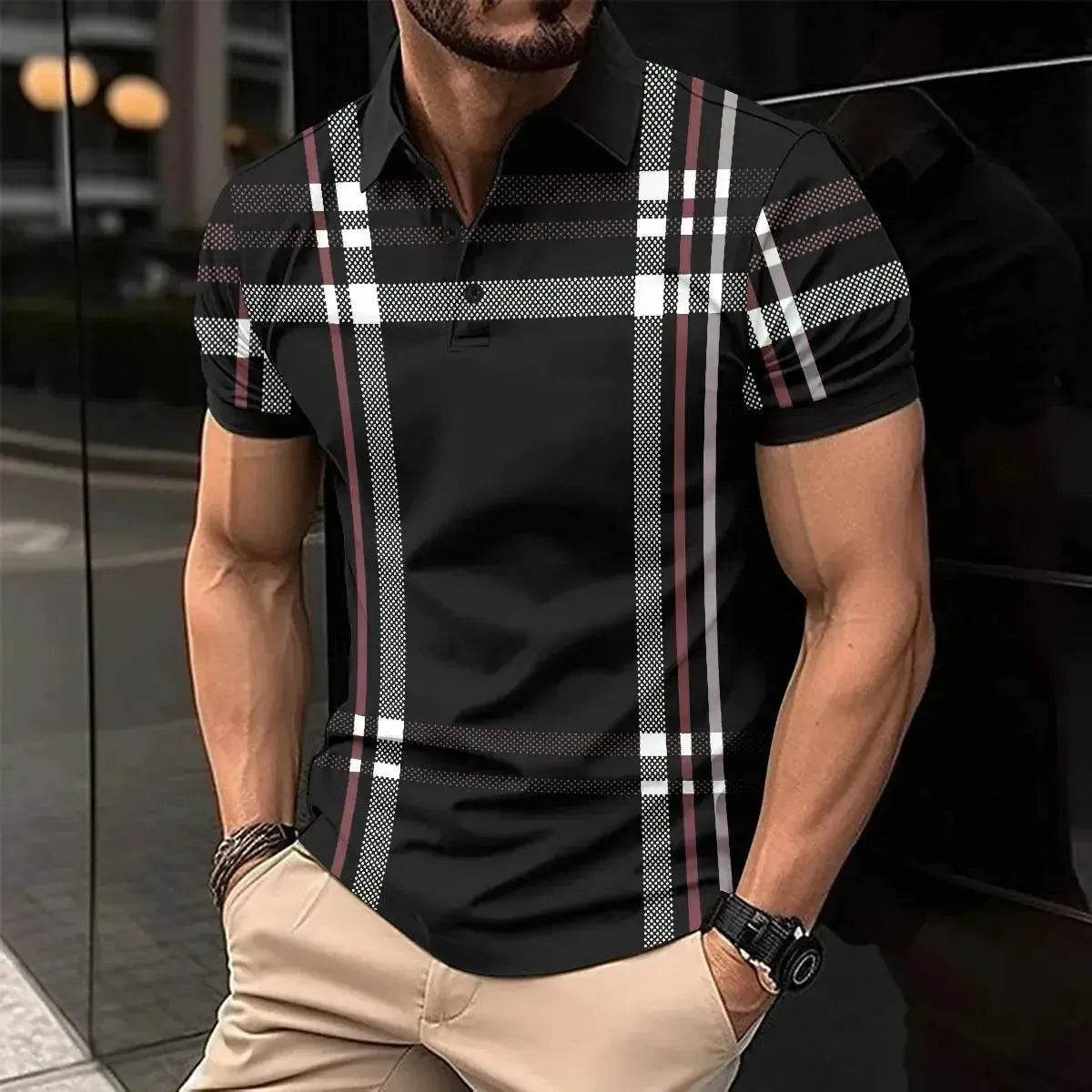 New Summer Men's Short Sleeve Polo Shirt - Splice Stripe Fashion Top - SPINGHAR