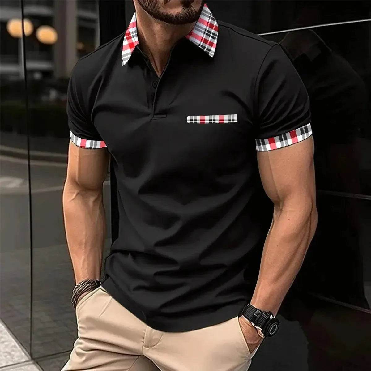 New Summer Men's Short Sleeve Polo Shirt - Splice Stripe Fashion Top - SPINGHAR