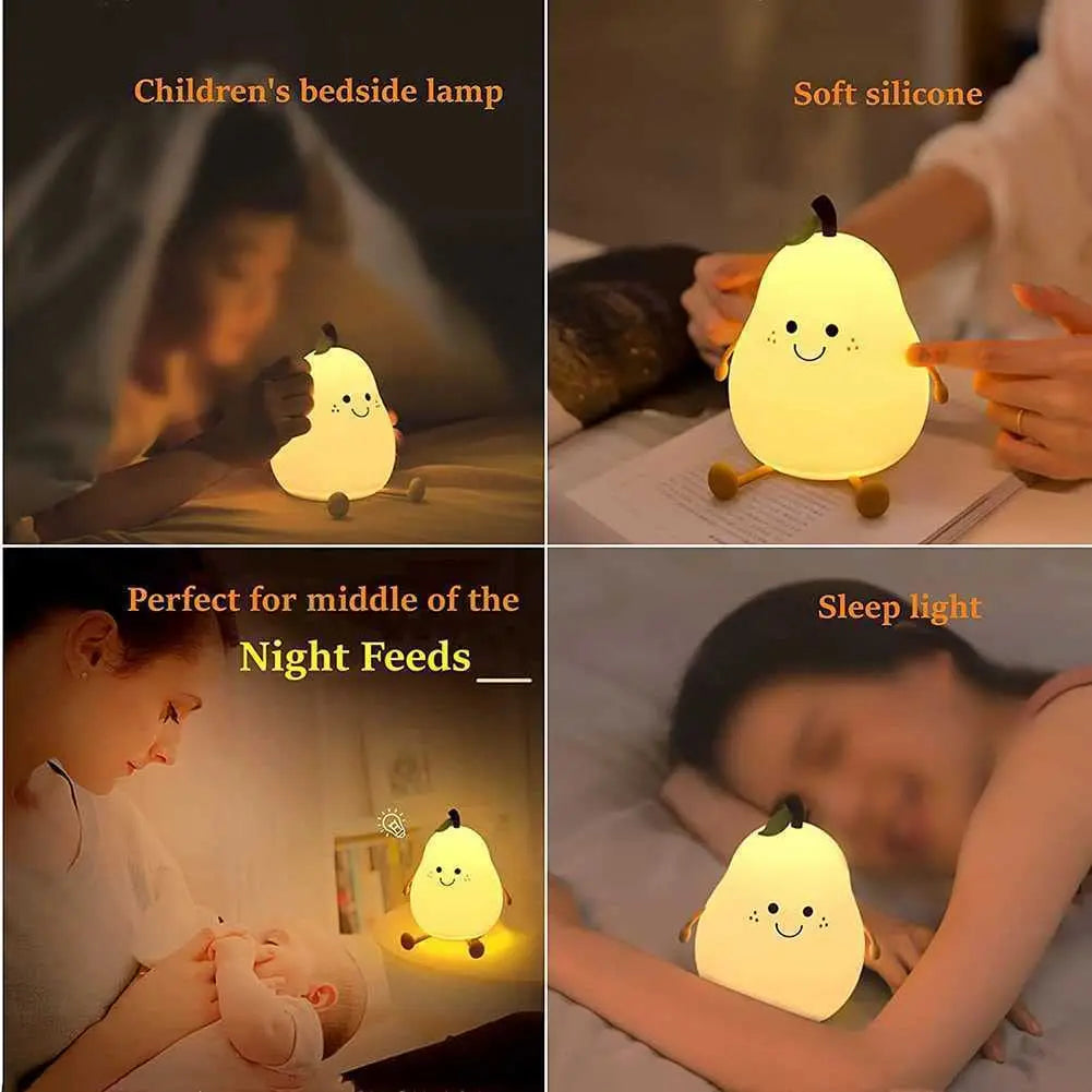 Night Lights for Kids Pear Shaped Cute Silicone Nightlight 7 Colors Dimmable Night Lamp USB Charging for Bedroom Bedside Room SPINGHAR