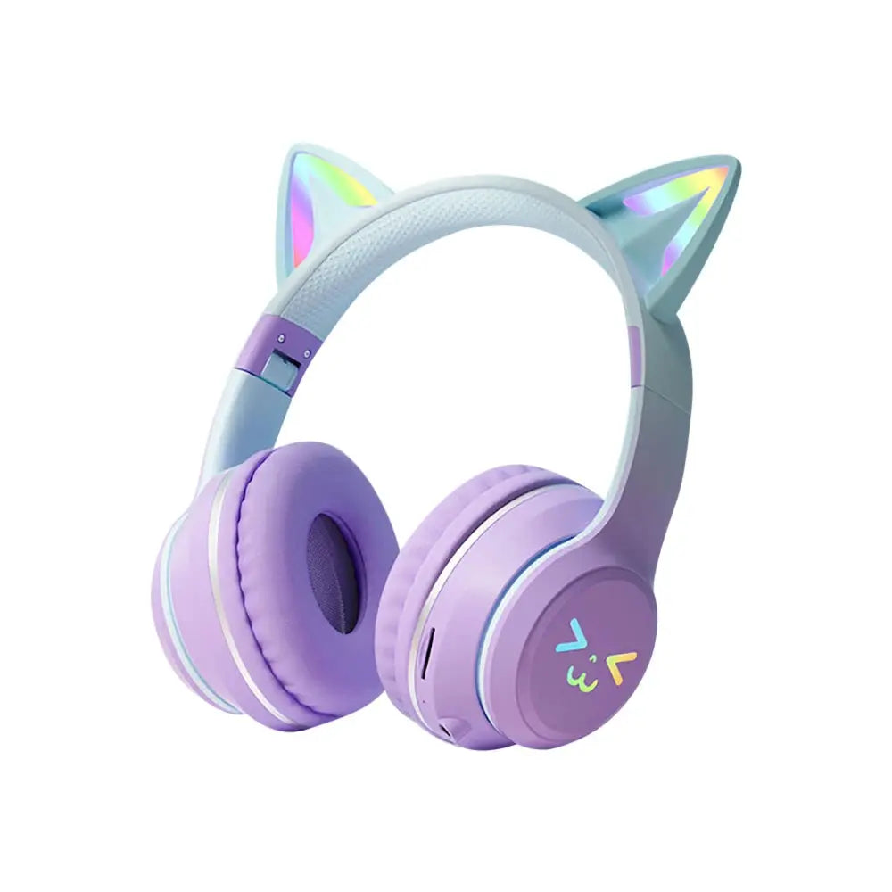 Gradient wireless Headphones RGB cute cat ear Bluetooth Earphones with microphone Stereo Music Game Earphone Girls Kids Gifts - SPINGHAR