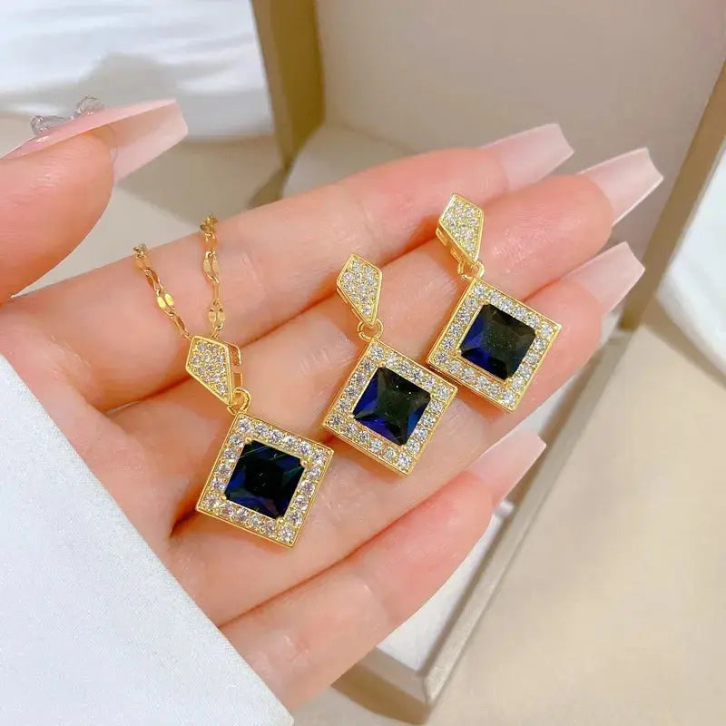 Exquisite Geometry Square Necklace Earrings Bracelet Jewelry Set Charm Ladies Jewelry Fashion Bridal Accessory Set Romantic Gift - SPINGHAR