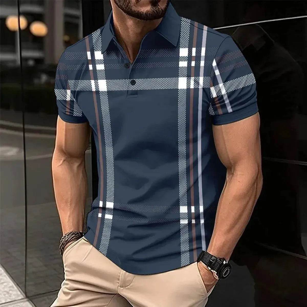 New Summer Men's Short Sleeve Polo Shirt - Splice Stripe Fashion Top - SPINGHAR