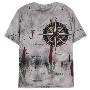 Men's Vintage Nautical Map Compass Print T-Shirt | Casual Loose Fit Short Sleeve Tee for Summer - SPINGHAR