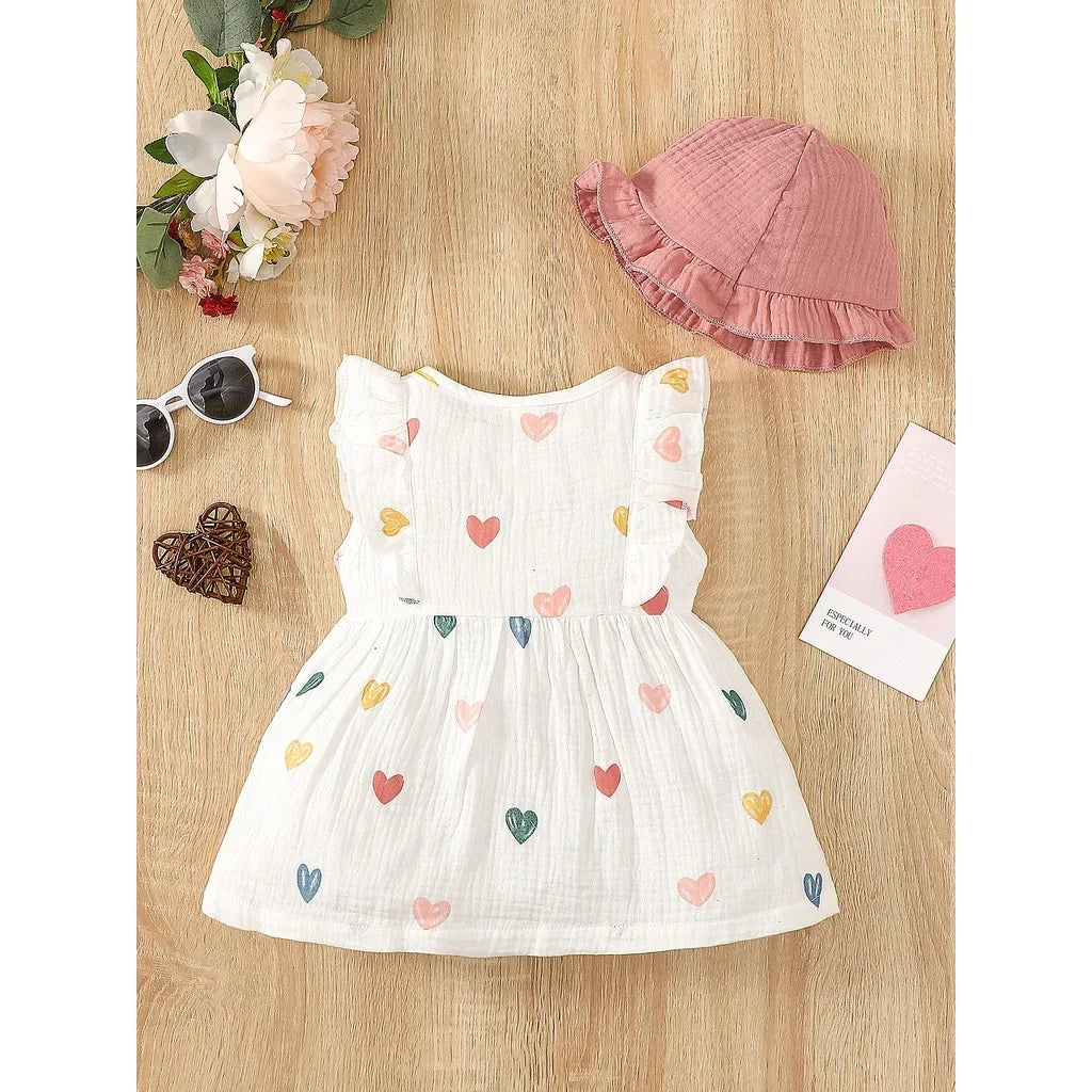 2PCS Dress Clothes Set Newborn Baby Girl Love Print Sleeveless Dress With Hat Summer Fashion Cute Wear for Infant Girl 0-9Months SPINGHAR