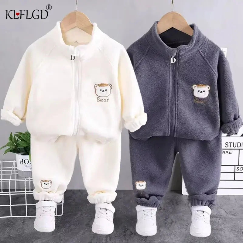 2024 new winter girls plush set for boys casual sports two-piece set for baby toddler outdoor clothing sets - SPINGHAR