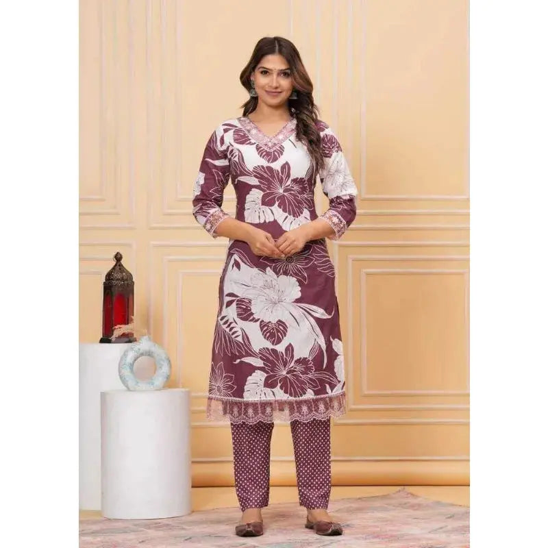 Fully Stitched Cotton Straight Salwar Suit - Indian Kurti with Pant & Dupatta - SPINGHAR