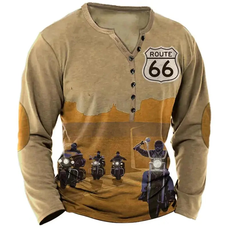 Vintage Men's Long Sleeve T-Shirt | USA Route 66 Graphic 3D Print Oversized Tee for Fall (Up to 5XL) - SPINGHAR