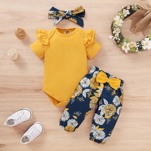 Newborn Baby Girls Clothing Set Short Sleeve Bodysuit +Floral Pants with Bow + Headband 3PCS Outfits Toddler Baby Girl Clothing SPINGHAR