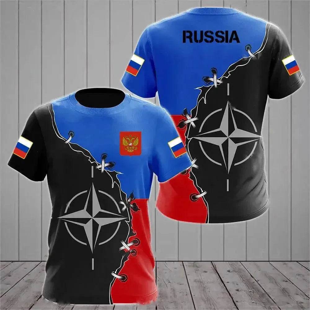 Men's Casual Loose Round Neck T-Shirts with Russian Flag - Oversized Streetwear - SPINGHAR