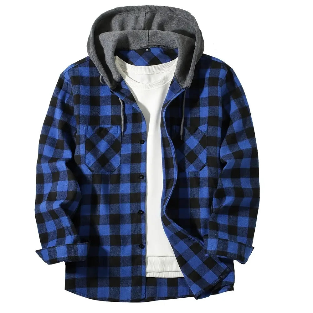 Men's Shirts Classic Plaid Casual Button Down Hooded Long Sleeved Double Pockets Shirt Hoodie Flannel Jacket Spring Autumn Tops SPINGHAR