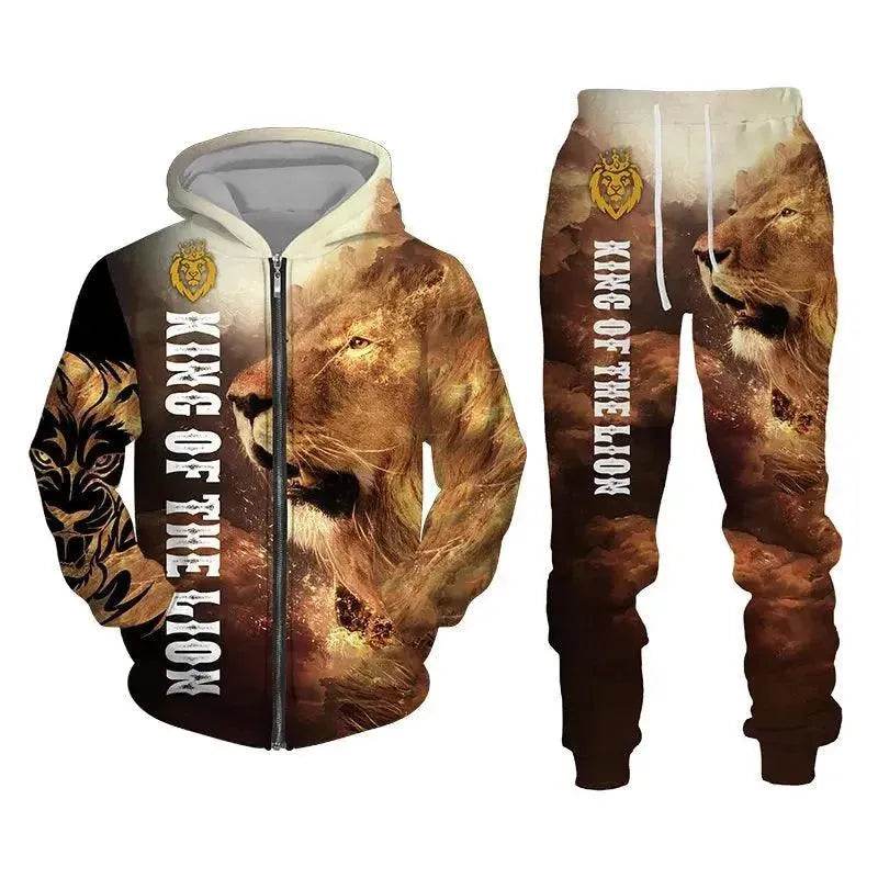 Men's 3D Lion Print Tracksuit Set | Autumn & Winter Zipper Hoodie & Pants - SPINGHAR