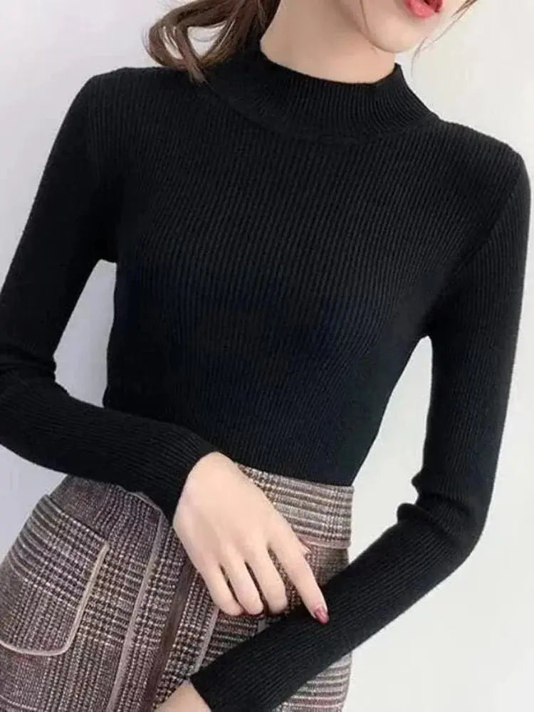 Chic Autumn Winter Mock Neck Sweater: Vintage Solid Knitted Tops for Women SPINGHAR