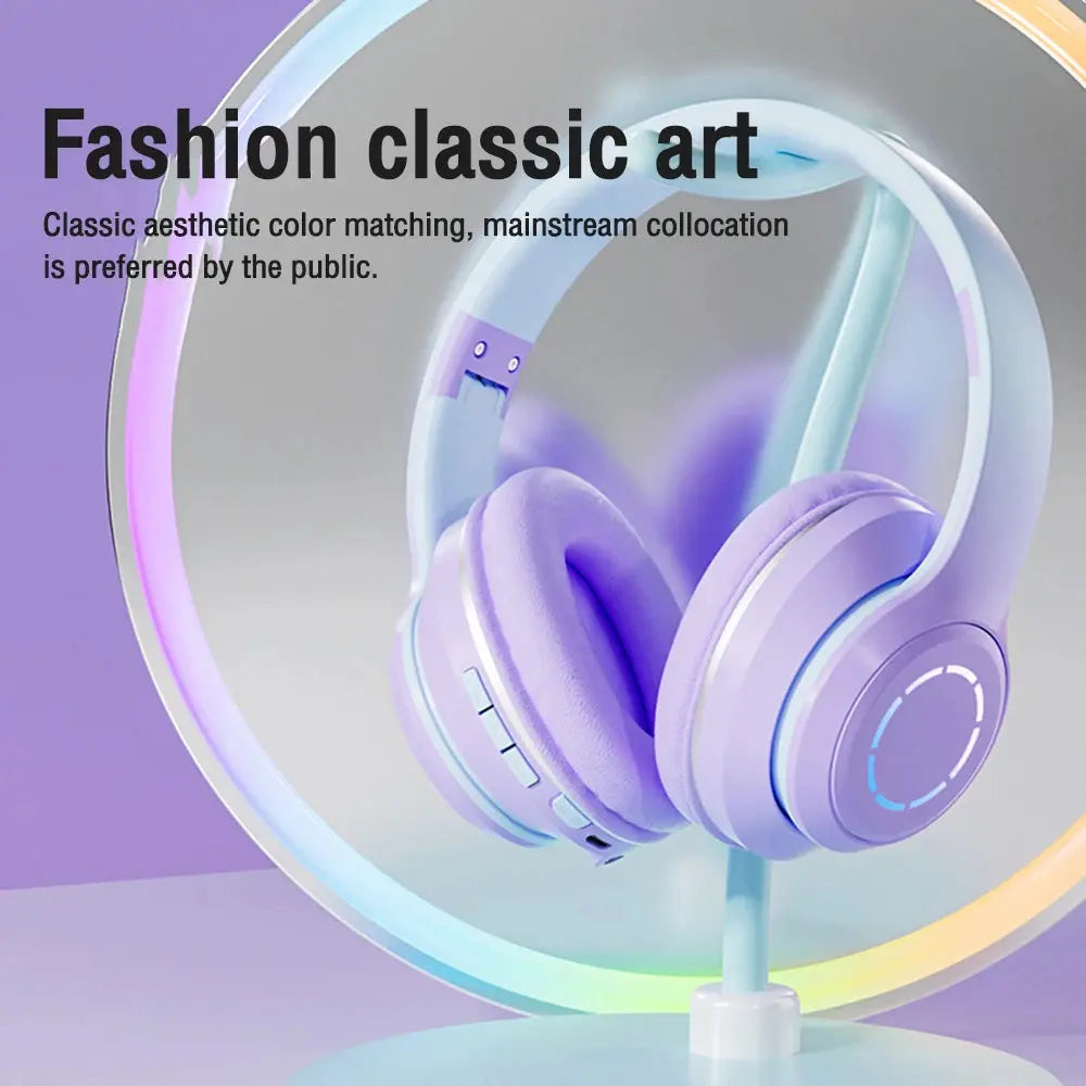 2023 Gradient Color Bluetooth Headphone Wireless Music Headset LED Light With Mic Gamer Earphone Kids Lovely Christmas Gifts - SPINGHAR