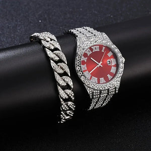 2pcs/set Iced Out Watch Men Luxury Brand Full Artificial Diamond Men's Watches Quartz Men's Watch  Hip Hop Male Clock Gift For - SPINGHAR