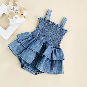 Baby Summer Clothes Girl Denim Romper Sleeveless Suspender Pleated Design Ruffle Hem Bottom Snap Button Cute Jumpsuit SPINGHAR