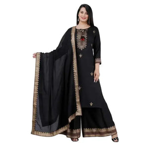 Stitched Pakistani Black Salwar Kameez with Dupatta & Palazzo - Women's Kurta Suit - SPINGHAR