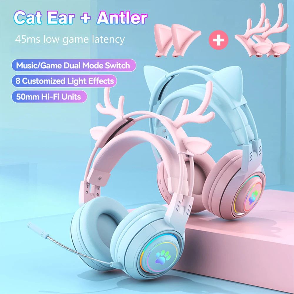 Cute Antlers/Cat Ear Wireless Bluetooth Headphone Gamer Earphone Gaming Headset With RGB Light For Child Kid Cute Girl Gifts SPINGHAR