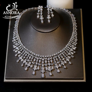 Magnificent White Color CZ Zircon Tassel Flowers Drop Necklace Earrings Sets for Women Bridal Evening Wedding Dinner Jewelry SPINGHAR