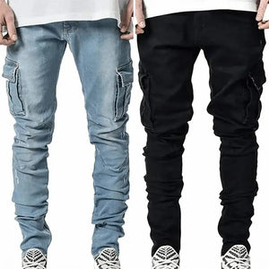 Men's Elastic Denim Cargo Pants | Casual Mid-Waist Jeans with Multi Pockets | Slim Fit Daily Wear Joggers - SPINGHAR