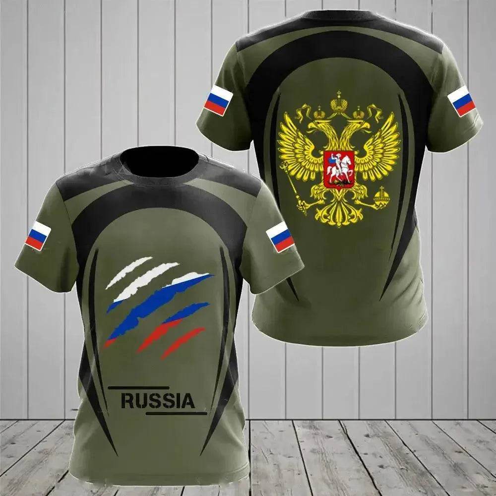 Men's Casual Loose Round Neck T-Shirts with Russian Flag - Oversized Streetwear - SPINGHAR