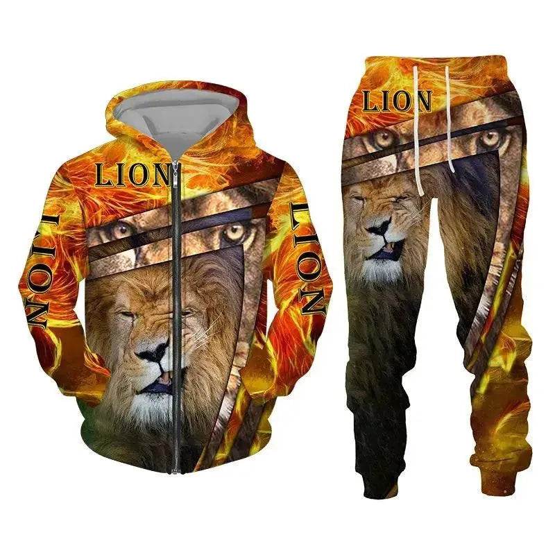 Men's 3D Lion Print Tracksuit Set | Autumn & Winter Zipper Hoodie & Pants - SPINGHAR