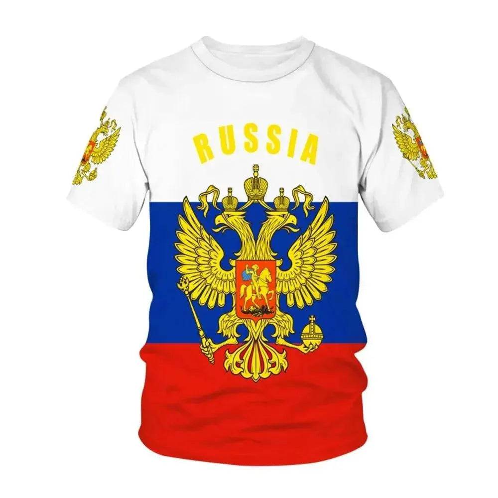 Men's Casual Loose Round Neck T-Shirts with Russian Flag - Oversized Streetwear - SPINGHAR