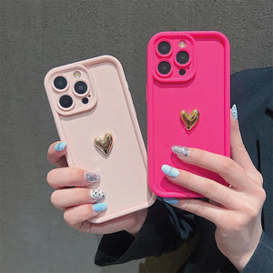 3D Gold Heart Silicone Soft Phone Case For iPhone 15 14 13 12 11 16 Pro Max XS XR 7 8 Plus SE 2020 Shockproof Candy Matte Cover SPINGHAR