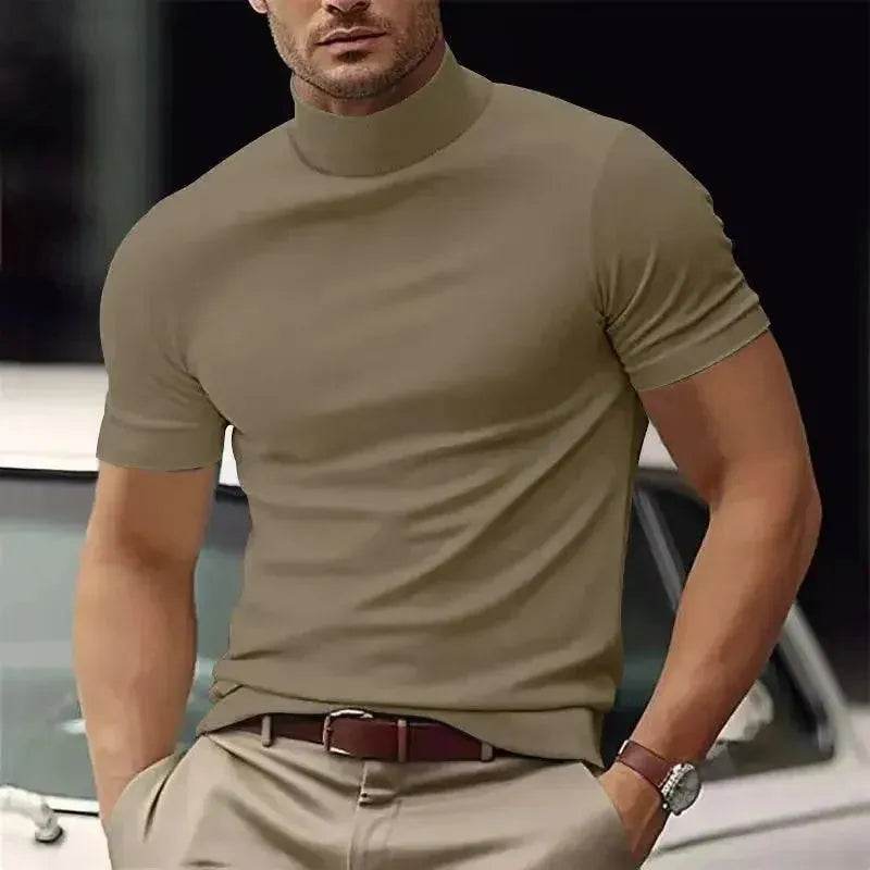 Summer Men's Casual Semi-High Neck T-Shirt - Slim Fit Solid Color - SPINGHAR