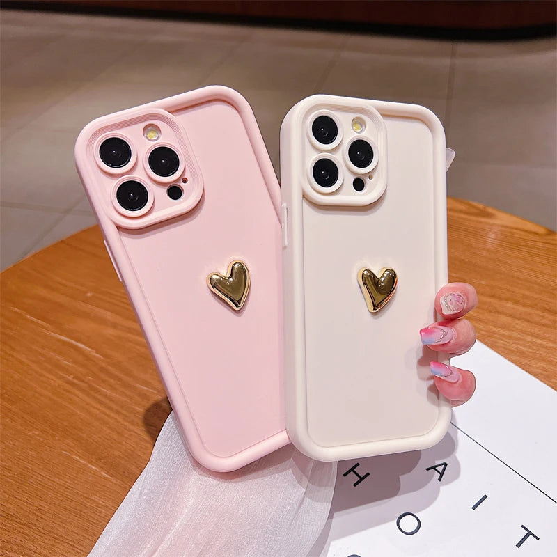 3D Gold Heart Silicone Soft Phone Case For iPhone 15 14 13 12 11 16 Pro Max XS XR 7 8 Plus SE 2020 Shockproof Candy Matte Cover SPINGHAR