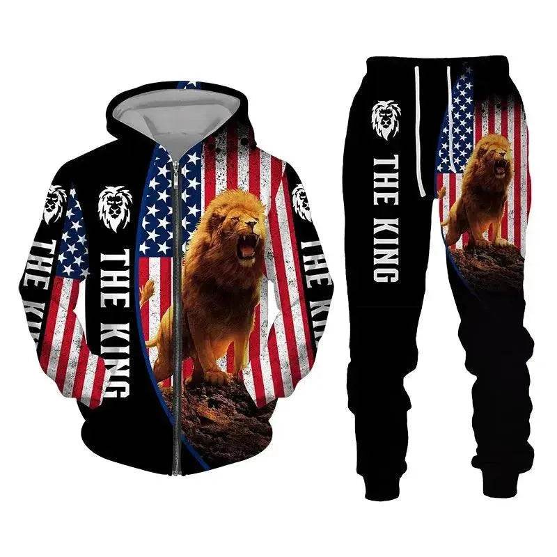 Men's 3D Lion Print Tracksuit Set | Autumn & Winter Zipper Hoodie & Pants - SPINGHAR