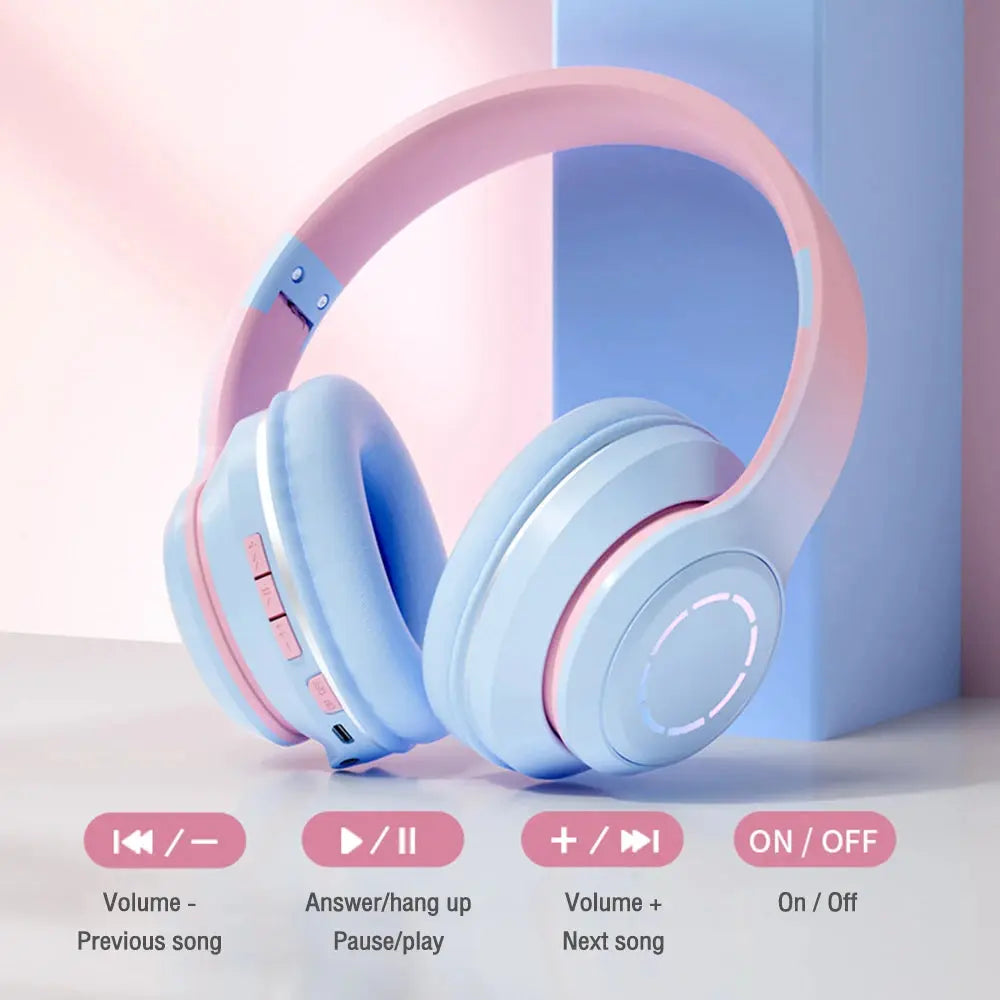 2023 Gradient Color Bluetooth Headphone Wireless Music Headset LED Light With Mic Gamer Earphone Kids Lovely Christmas Gifts - SPINGHAR