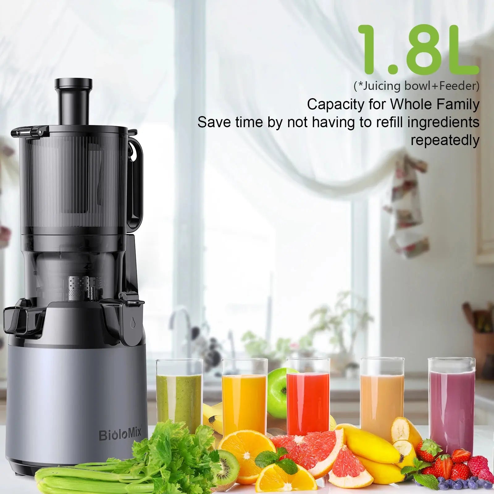 BioloMix Cold Press Juicer,with 130mm Feed Chute,Fit Whole Fruits & Vegetables,High Juice Yield,BPA FREE Slow Masticating Juicer - SPINGHAR