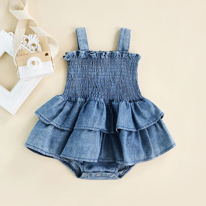 Baby Summer Clothes Girl Denim Romper Sleeveless Suspender Pleated Design Ruffle Hem Bottom Snap Button Cute Jumpsuit SPINGHAR