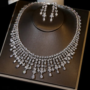 Magnificent White Color CZ Zircon Tassel Flowers Drop Necklace Earrings Sets for Women Bridal Evening Wedding Dinner Jewelry SPINGHAR